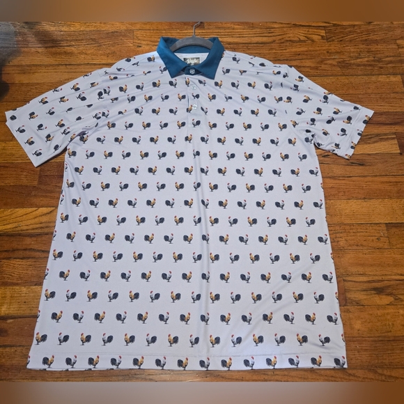 Waggle Men's Rooster Print Golf Polo Shirt White Blue Collar -XL - Picture 2 of 6